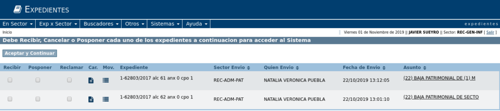 Pantalla con expedientes pendientes de recepción